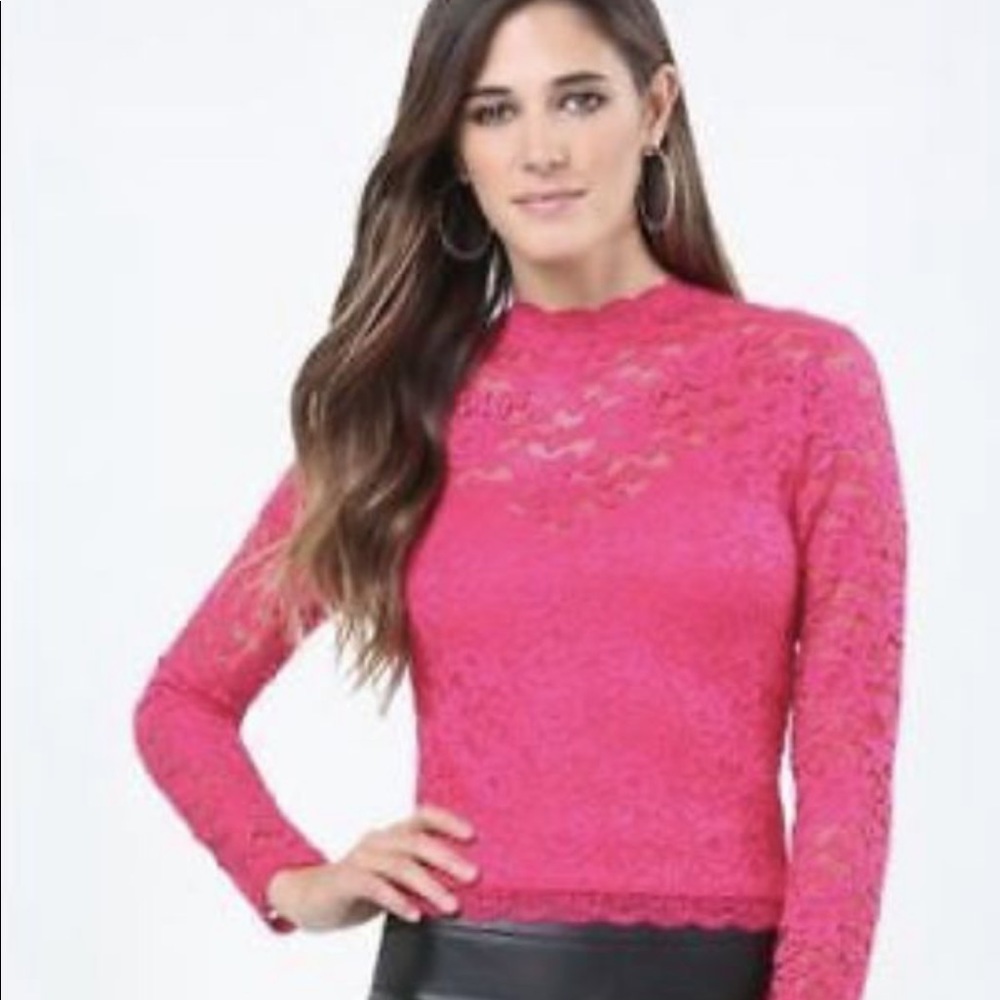 Bebe Long-sleeve Hot Pink Lace Top